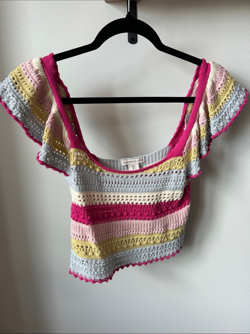 Sincerly Jules Pink & Pastel Striped Crochet Crop Top